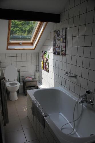 a bathroom with a tub and a toilet at Gîte les beaux-arts in Ronzon