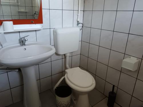 Un baño con un inodoro blanco y un lavabo. en Tarra Garsoniera10, en Mangalia