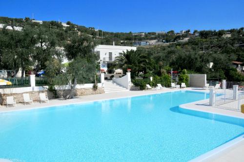 a large blue swimming pool with a hill in the background at Agriturismo Giorgio in Mattinata