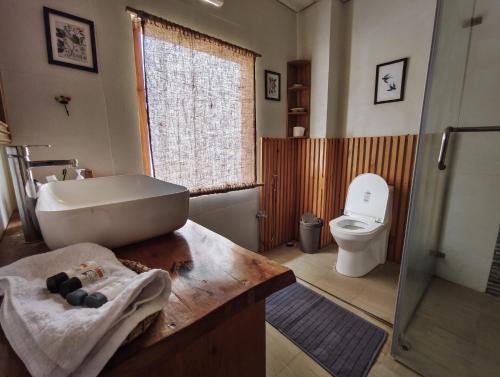 a bathroom with a sink and a toilet at Hoongla Inn - Homestay in Lumla Tawang in Kāmbāng