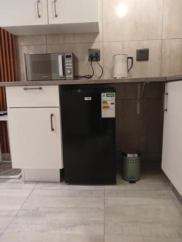 a kitchen with a black refrigerator and a microwave at Delux Studio apartment in Germiston