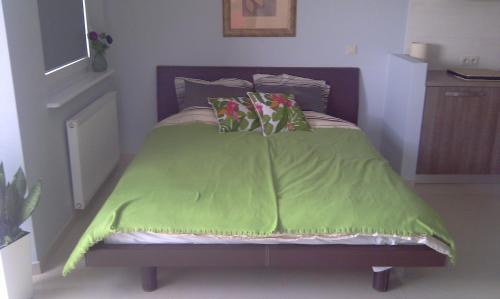 a bed with a green blanket on top of it at Apartament Juventini PT in Puck