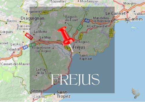 une carte d'Irepes avec un marqueur rouge dans l'établissement Apt 3BR – WiFi, sea view, parking, 3min to beach, à Fréjus