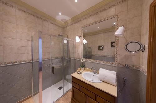 a bathroom with a shower and a sink and a mirror at Casa de São Domingos in Peso da Régua