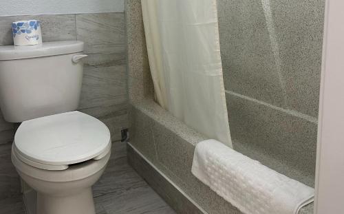 a bathroom with a toilet and a shower at Blue Way Inn and Suites Roseville in Roseville
