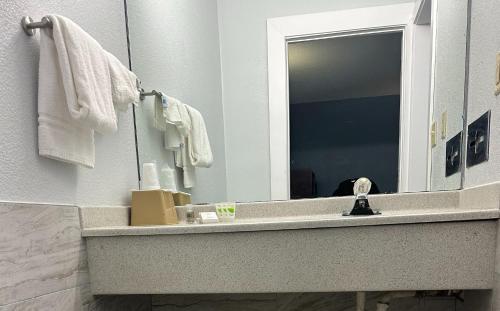 a bathroom with a sink and a mirror at Blue Way Inn and Suites Roseville in Roseville
