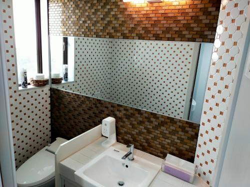 a bathroom with a sink and a toilet and a mirror at Star Forest Camp Hayama in Hayama