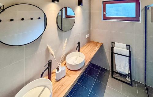 a bathroom with a toilet and a sink and mirrors at Sonnevijver Vijverdorp-Waterl in Rekem