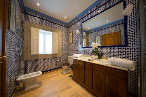 a bathroom with a toilet and a sink and a mirror at Casa de São Domingos in Peso da Régua