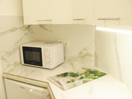 a white microwave sitting on top of a kitchen counter at Apartment Storchenfärbe in Memmingen