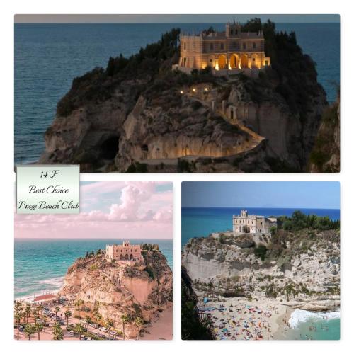 a collage of four pictures of a castle on a cliff at Sunshine calabria in Pizzo
