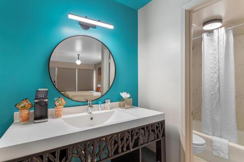 a bathroom with a white sink and a mirror at Heights House Hotel - Houston Heights Downtown, an Ascend Collection Hotel in Houston