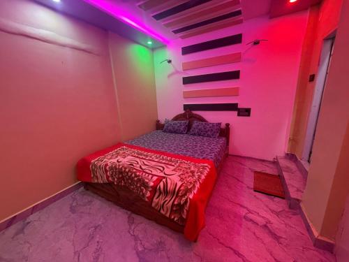 a bedroom with a bed with pink and green lights at Roshini Homestay Hampi in Hampi
