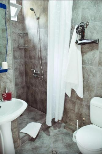 a bathroom with a shower and a toilet and a sink at Квари in Kvariat'i