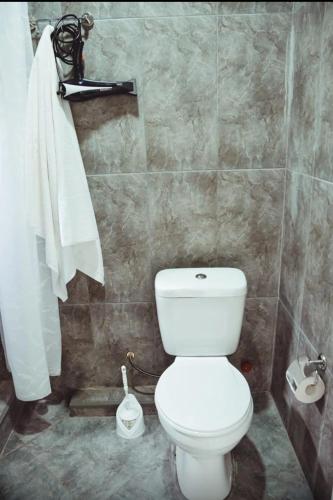 a bathroom with a white toilet in a room at Квари in Kvariat'i