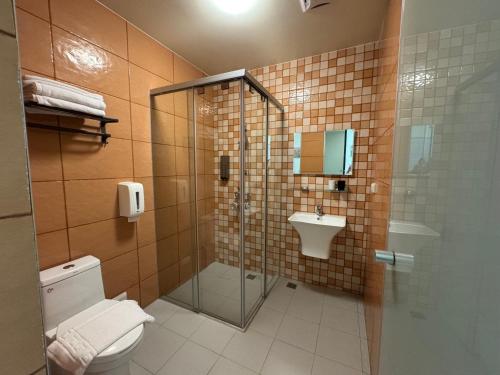 a bathroom with a shower and a toilet and a sink at 海洋星空民宿 in Magong