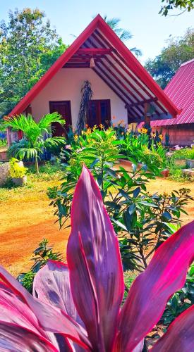a pink flower in front of a house at Sigiri Enaya Cottage in Sigiriya