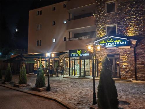 a hotel with a sign in front of a building at Apartman Tanja in Nova Varoš