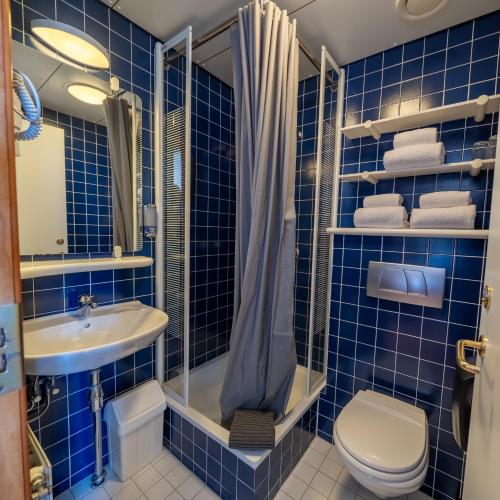 海德利桑德Adventure Hotel Hellissandur的铺有蓝色瓷砖的浴室，配有马桶和水槽