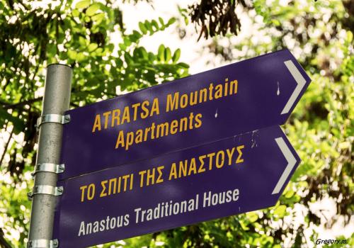 a purple street sign on a pole with trees in the background at Anastou's Traditional House in Kalopanayiotis