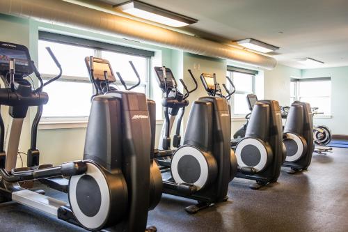 a row of exercise bikes in a gym at The Edgewater in Madison