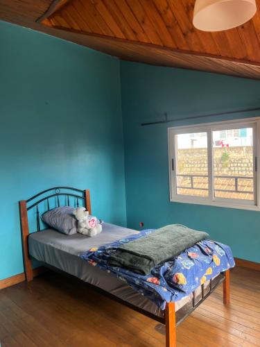 a bedroom with a bed with blue walls and a window at Appartement Antananarivo - Palais de la Reine, Rova in Mandriankeniheny