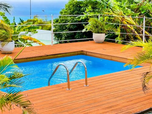a swimming pool on a deck with plants at Lakaz Kreol Soupir Tourist Résidence in Rodrigues Island