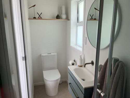 a bathroom with a toilet and a sink and a mirror at The Nest - where comfort meets style in Tauranga