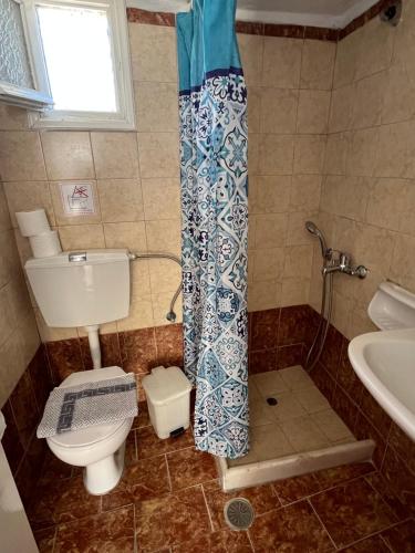 a bathroom with a toilet and a sink at Stella Nomikou Apartments in Firostefani