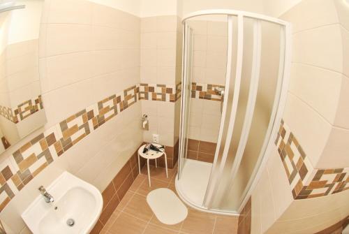 a bathroom with a shower and a toilet and a sink at 7nights Apartments Dominikánské naměstí in Brno