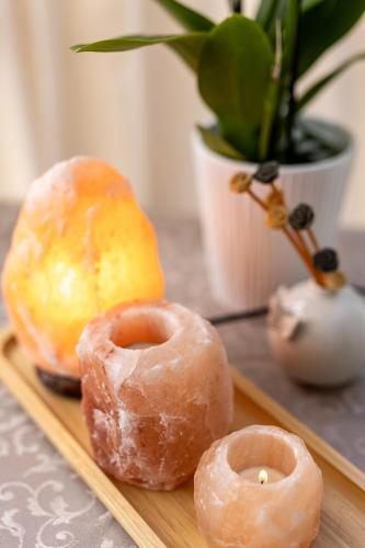 two donuts on a wooden tray next to a plant at Villa Vitali - Bellagio in Bellagio