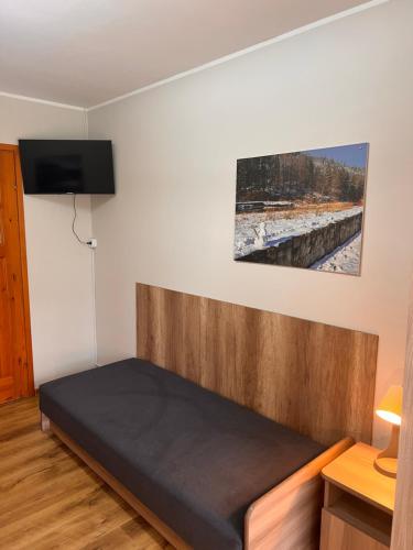 a bed in a room with a tv on the wall at 4 Pory Roku - Węgierska Górka in Węgierska Górka