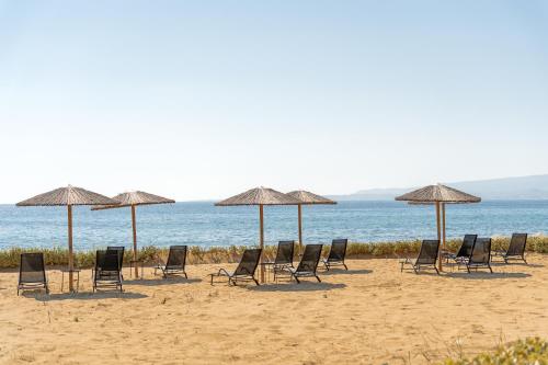 a group of chairs and umbrellas on a beach at Sandoa Residence - Lualaba & Tenke in Minia