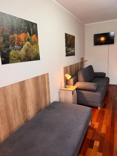 a living room with a bed and a couch at 4 Pory Roku - Węgierska Górka in Węgierska Górka