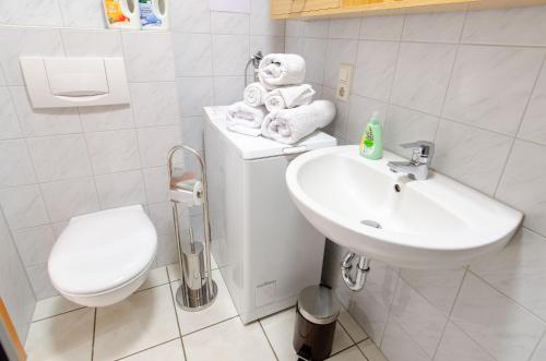 a bathroom with a toilet sink and a teddy bear on a counter at Heizmannshof in Hofstetten