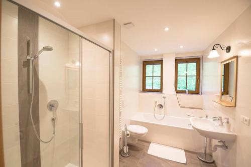 a bathroom with a shower and a toilet and a sink at Tscharfhof in San Leonardo in Passiria