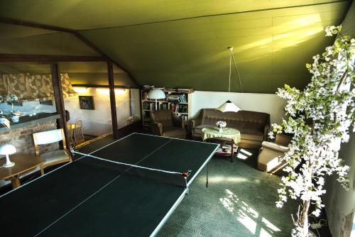 a living room with a ping pong table in it at Det Gamle Mejeri in Stokkebro