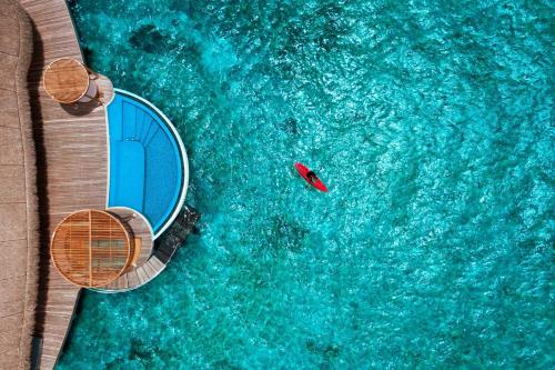 an aerial view of a swimming pool with a boat in the water at W Maldives in Fesdu Island