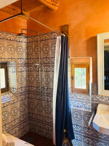 une salle de bain avec un rideau de douche et un lavabo dans l'établissement Chateau de Durianne, à Le Monteil