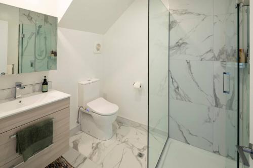 a bathroom with a toilet and a glass shower at Luxury Apartment Christchurch Central in Christchurch