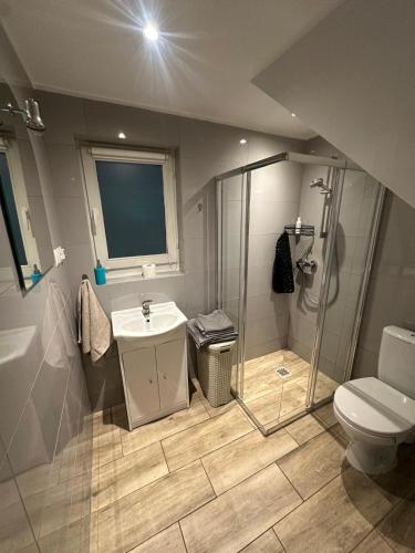 a bathroom with a shower and a sink and a toilet at Lawenda in Turawa