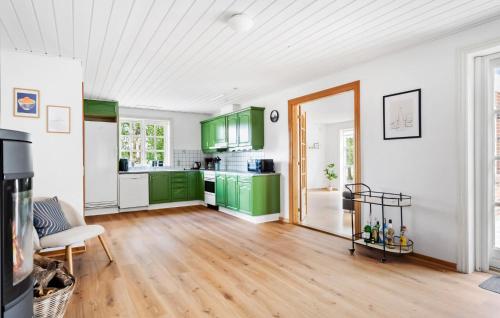 a kitchen with green cabinets and a wooden floor at 3 Bedroom Beautiful Home In Videbæk in Videbæk