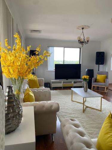 a living room with yellow pillows and a tv at Bradburry Lovely The Outlook in Campbelltown South