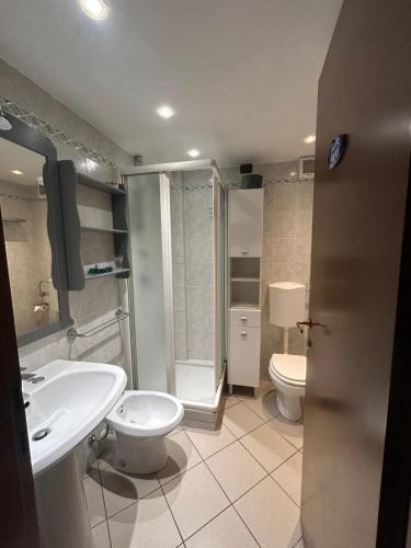 une salle de bain avec un lavabo, des toilettes et une douche dans l'établissement Mon jardin, à Villeneuve-Loubet