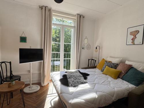 une chambre avec un lit et une grande fenêtre dans l'établissement Studio cosy avec piscine et balcon, Aix-les-Bains - FR-1-555-115, à Aix-les-Bains