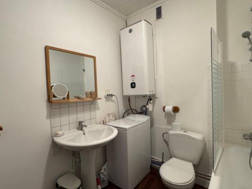 une salle de bain avec un lavabo, des toilettes et un miroir dans l'établissement Studio cosy avec piscine et balcon, Aix-les-Bains - FR-1-555-115, à Aix-les-Bains