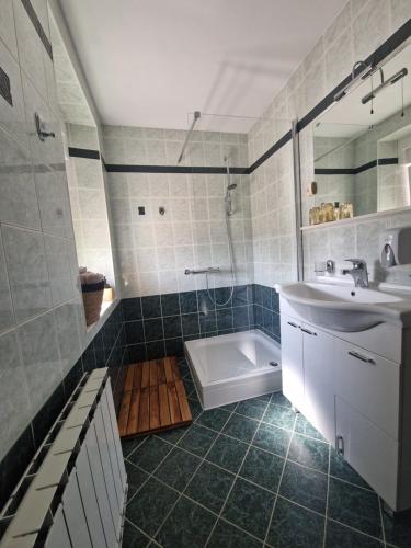 a bathroom with a sink and a toilet and a tub at FRIZ&FANY Postojna City Center in Postojna