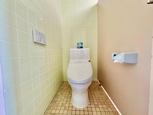 a small bathroom with a toilet in a stall at Hotel Sol at Lake Toya in Lake Toya