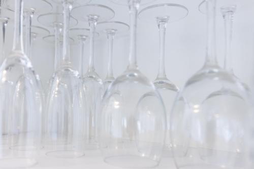 a bunch of wine glasses lined up in a row at Das Strandhaus 2, mit Garten, 250 Meter zum See in Lembruch