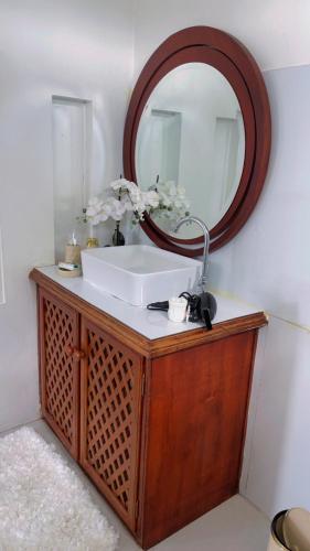 a bathroom with a sink and a mirror at Cocoon Paradise in Flic-en-Flac